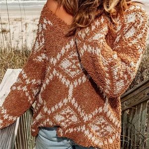 Aztec Pattern Knit V Neck Long Sleeve Sweater